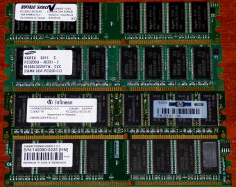1GB Buffalo DDR-RAM PC3200U, 256MB Infineon HYS64D32300GU-5-C, 256MB Samsung, 256MB DDR400 Transcend/Samsung